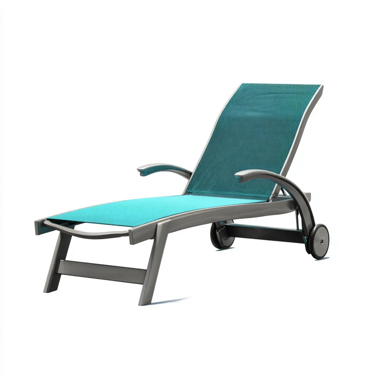 Transat de jardin inclinable à roulettes turquoise et gris en aluminium et textilène rectangulaire 200 x 65 x 35 cm