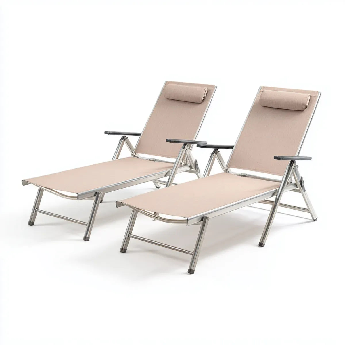 Lot de 2 bains de soleil pliants beige et argenté 190 x 60 x 30 cm en aluminium forme rectangulaire