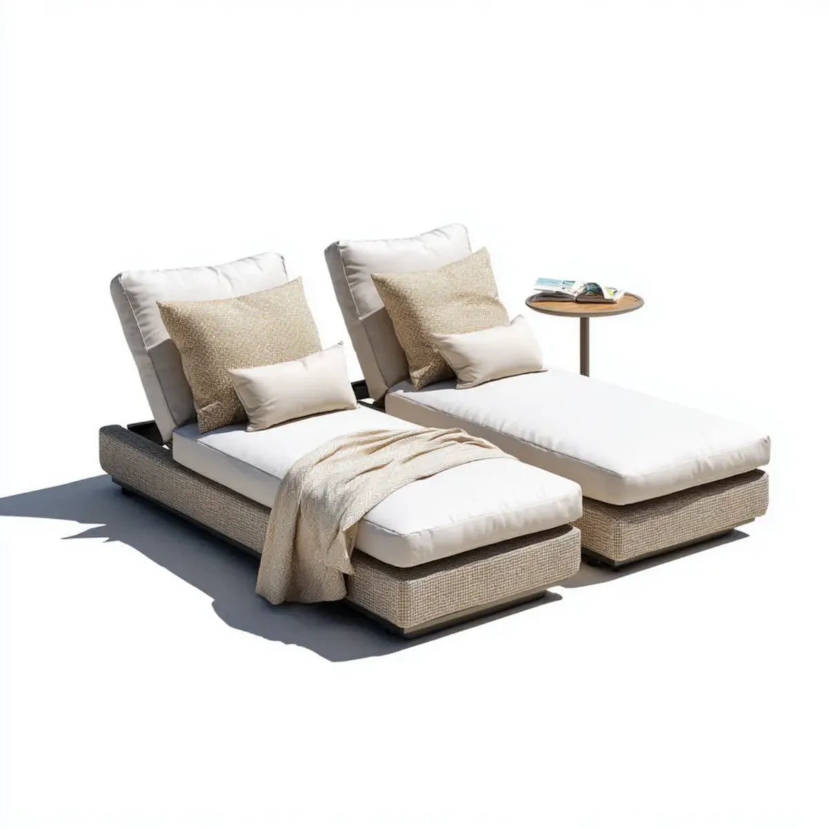 Lot de 2 bains de soleil avec table d'appoint beige en résine tressée PE 200 x 80 cm