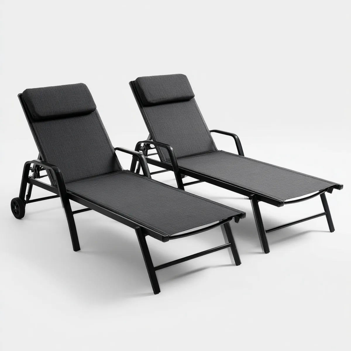Lot de 2 bains de soleil inclinables noir et gris en acier et textilène 195 x 65 x 30 cm rectangulaires avec roulettes