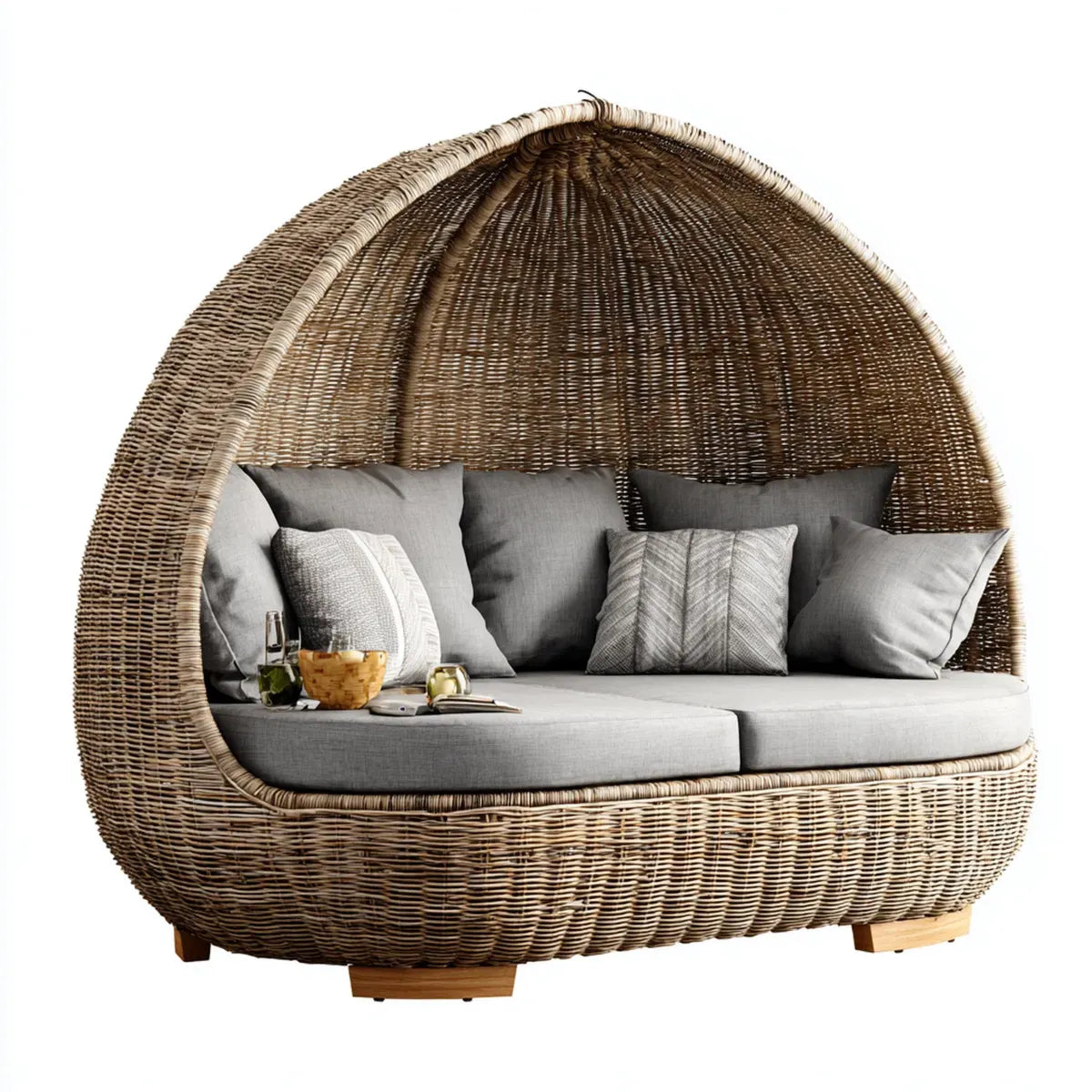 Bain de soleil double extérieur naturel et gris en résine PE tressée forme cocon 180 x 150 x 170 cm