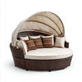 Bain de soleil de jardin rond marron et beige en résine tressée PE avec capote 180 x 170 cm