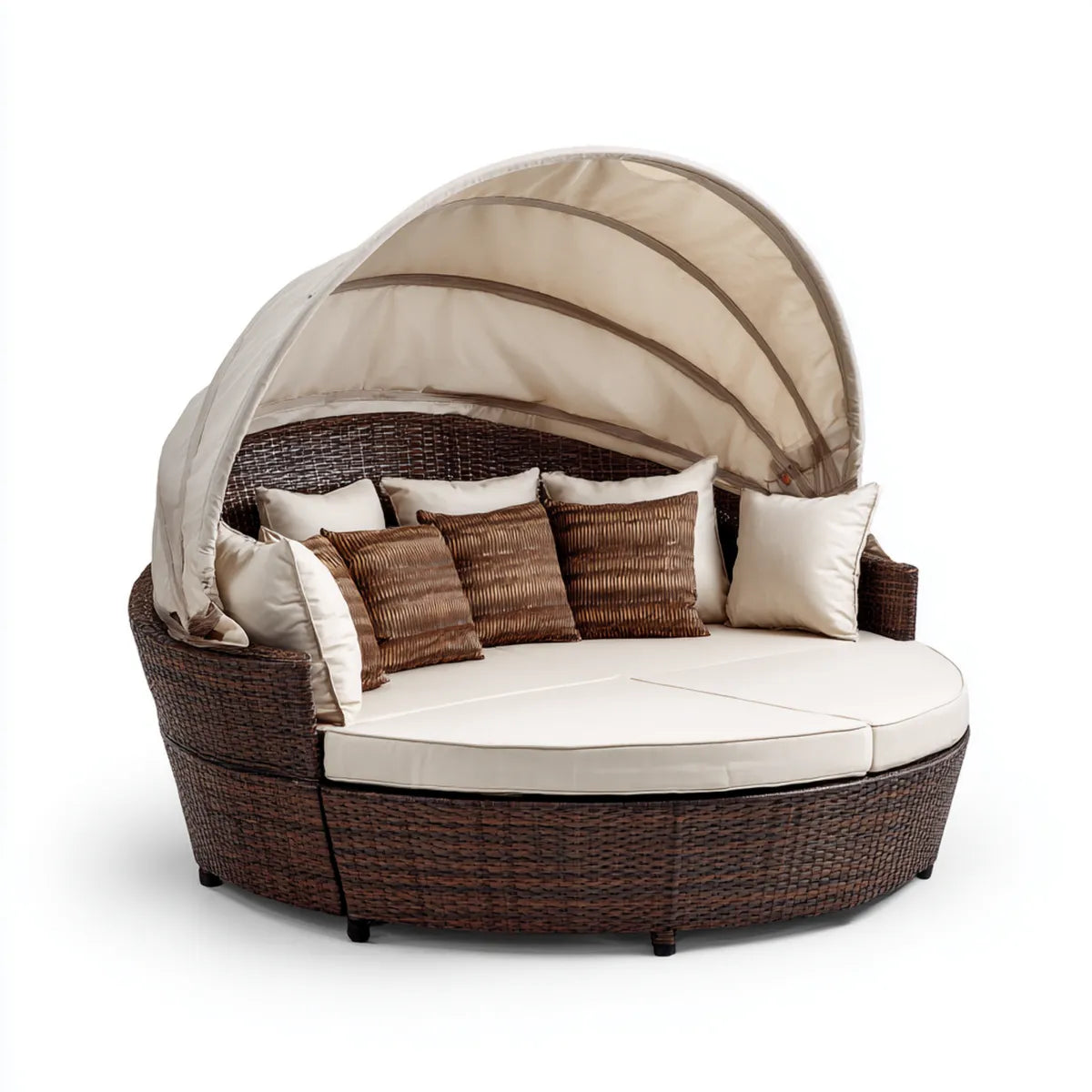 Bain de soleil de jardin rond marron et beige en résine tressée PE avec capote 180 x 170 cm