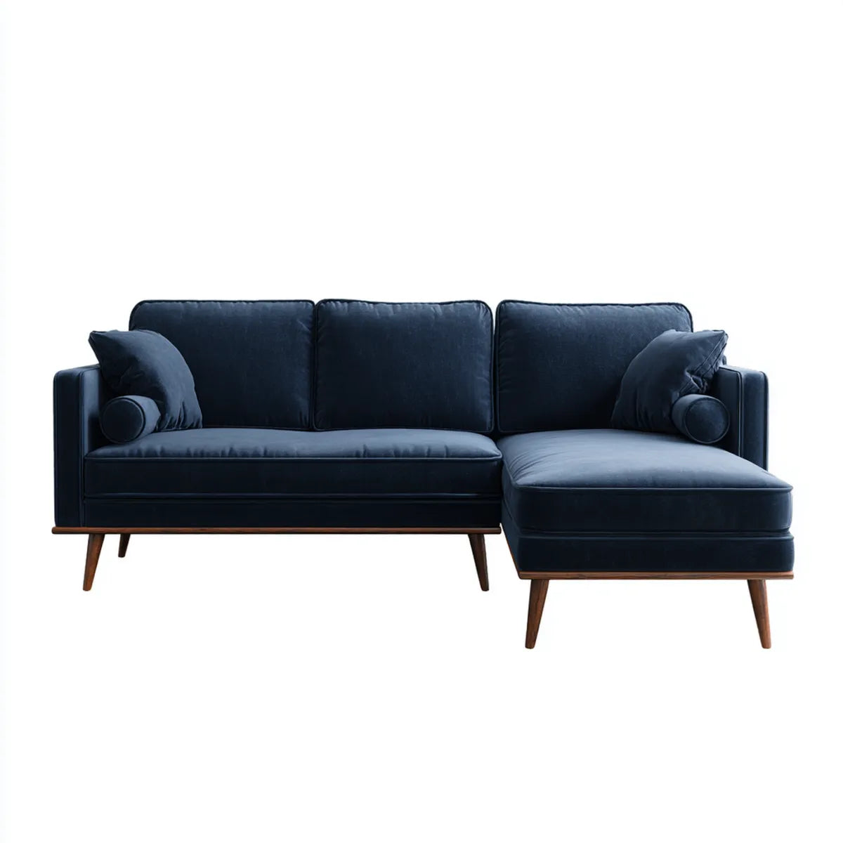 Canapé d’angle droit 3 places bleu nuit 220 x 150 cm velours polyester pieds en hévéa forme L