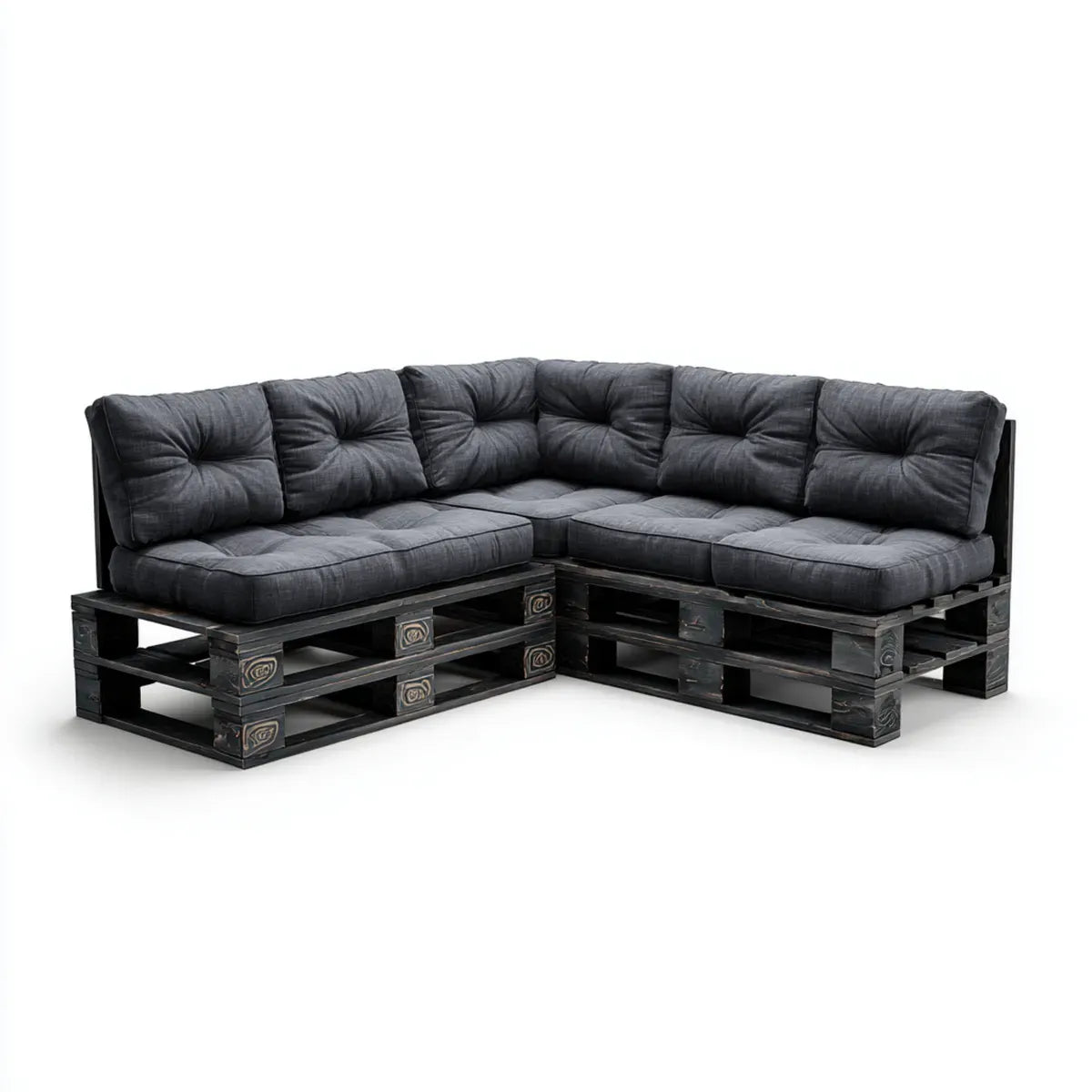 Canapé de jardin d'angle 6 places noir 240 x 240 x 80 cm en bois massif avec coussins en polyester