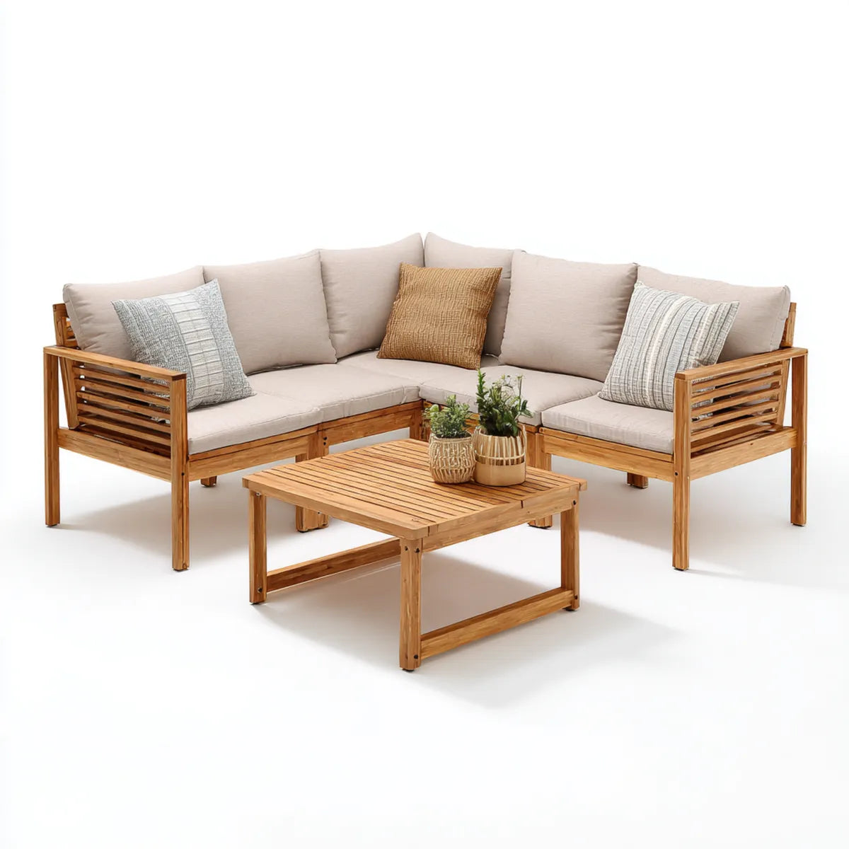 Salon de jardin d’angle 5 places beige en acacia massif avec table basse 218 x 218 x 65 cm