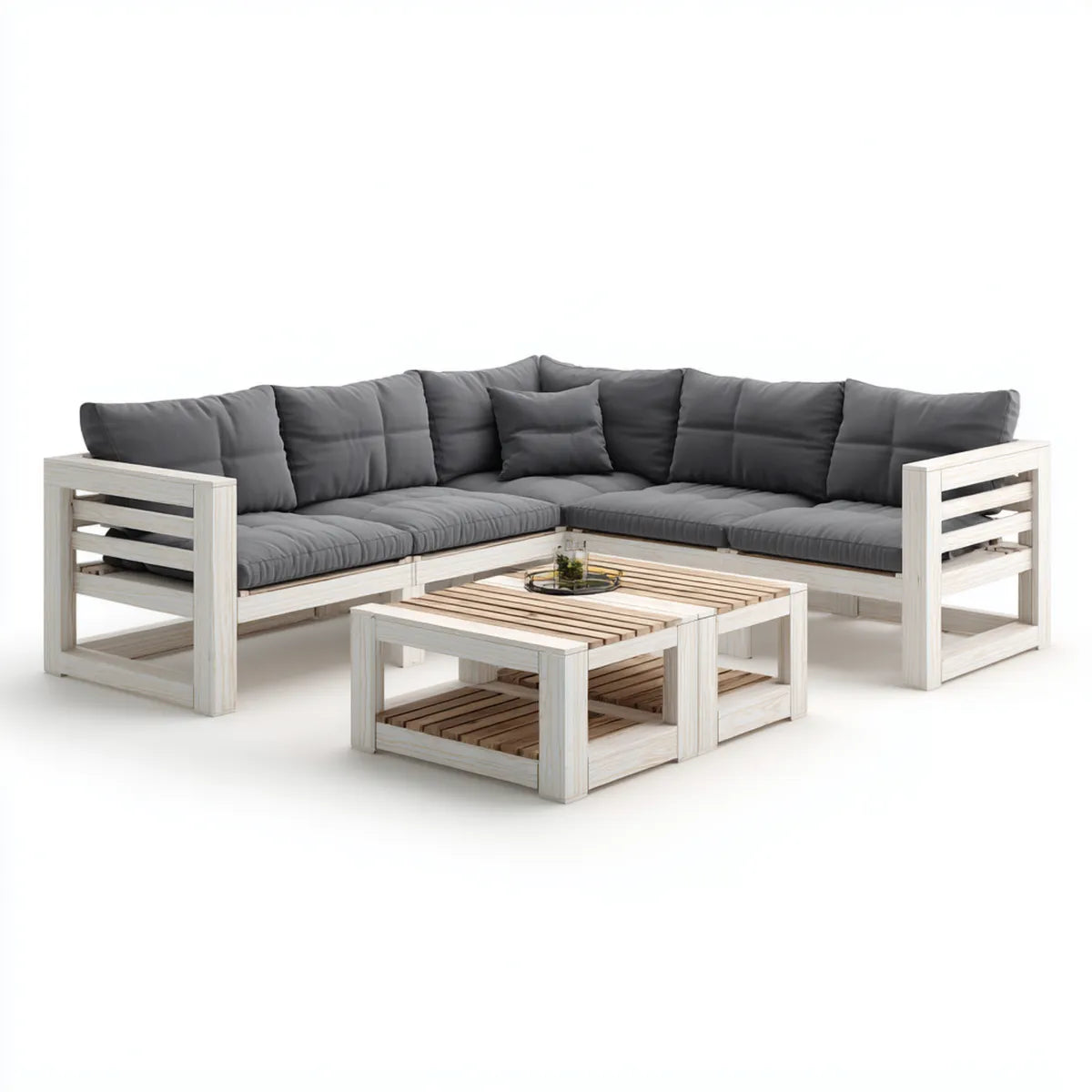 Salon de jardin d'angle 5 places gris anthracite en bois massif avec 2 tables basses 275 x 275 cm