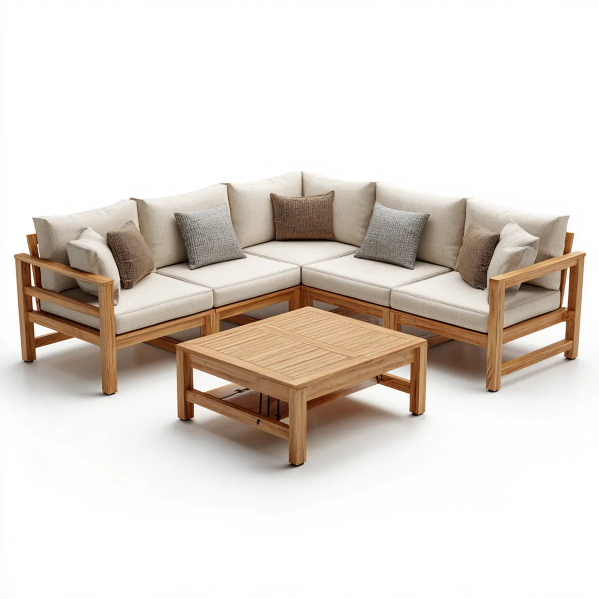 Salon de jardin d'angle 5 places en acacia massif naturel avec coussins beige 270 x 210 x 75 cm et table basse 100 x 60 x 45 cm