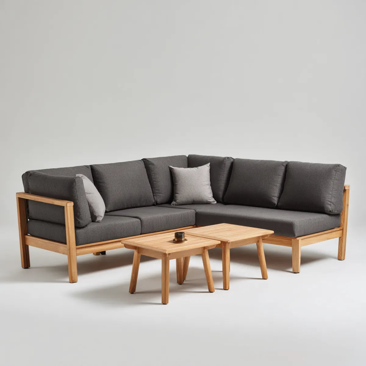 Salon de jardin d'angle 3 pièces en acacia massif naturel avec coussins gris anthracite 240 x 175 cm