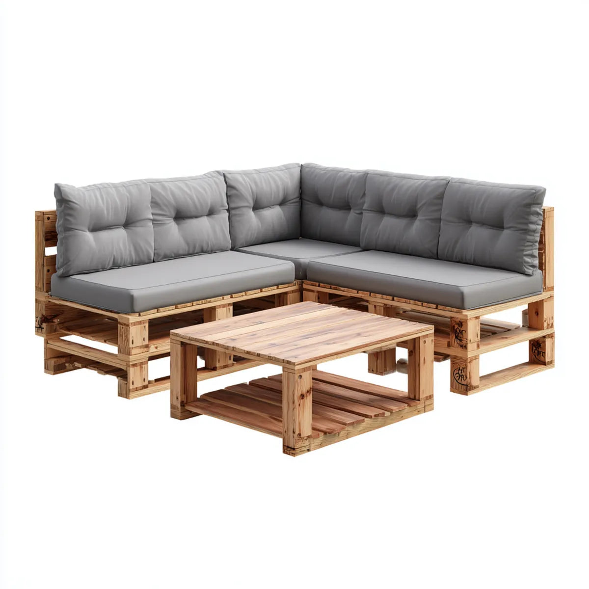 Salon de jardin d’angle en palette bois de pin gris avec table basse 200 x 120 x 70 cm