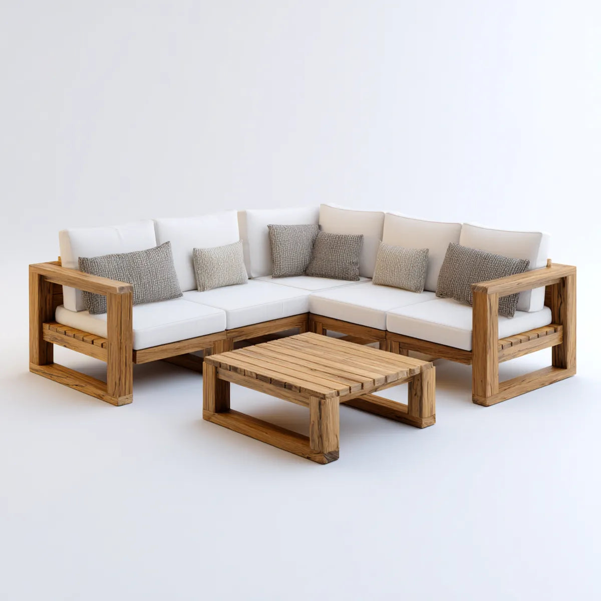 Salon de jardin d'angle 5 places avec table basse en acacia massif naturel et coussins blanc 220 x 220 x 75 cm