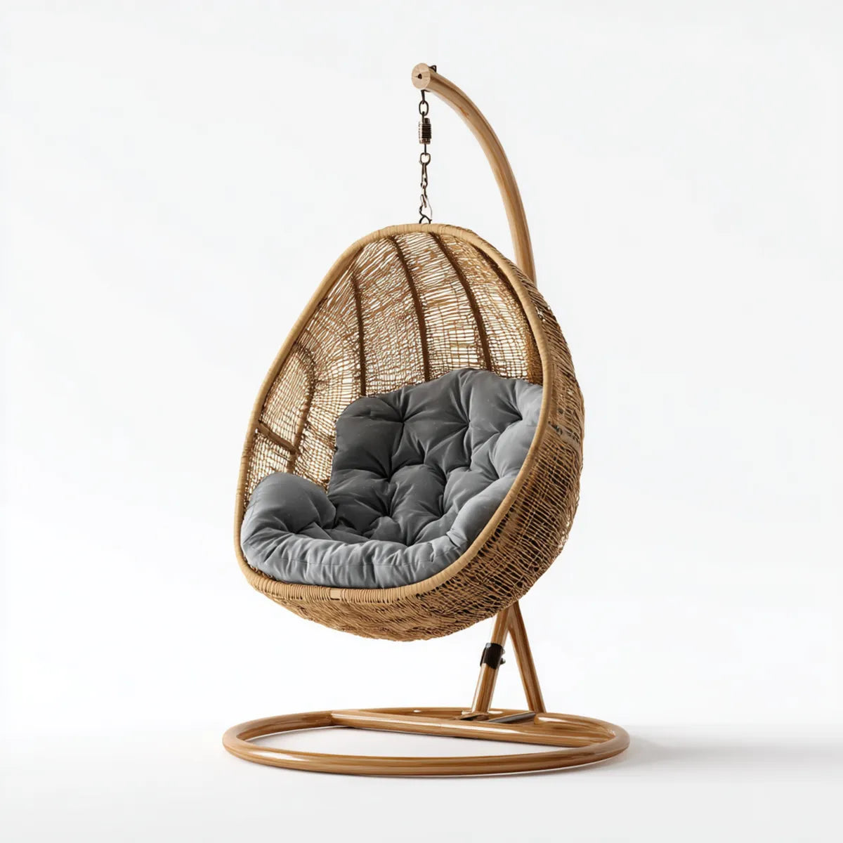 Fauteuil suspendu œuf marron avec coussin gris 105 x 105 x 195 cm en rotin et acier