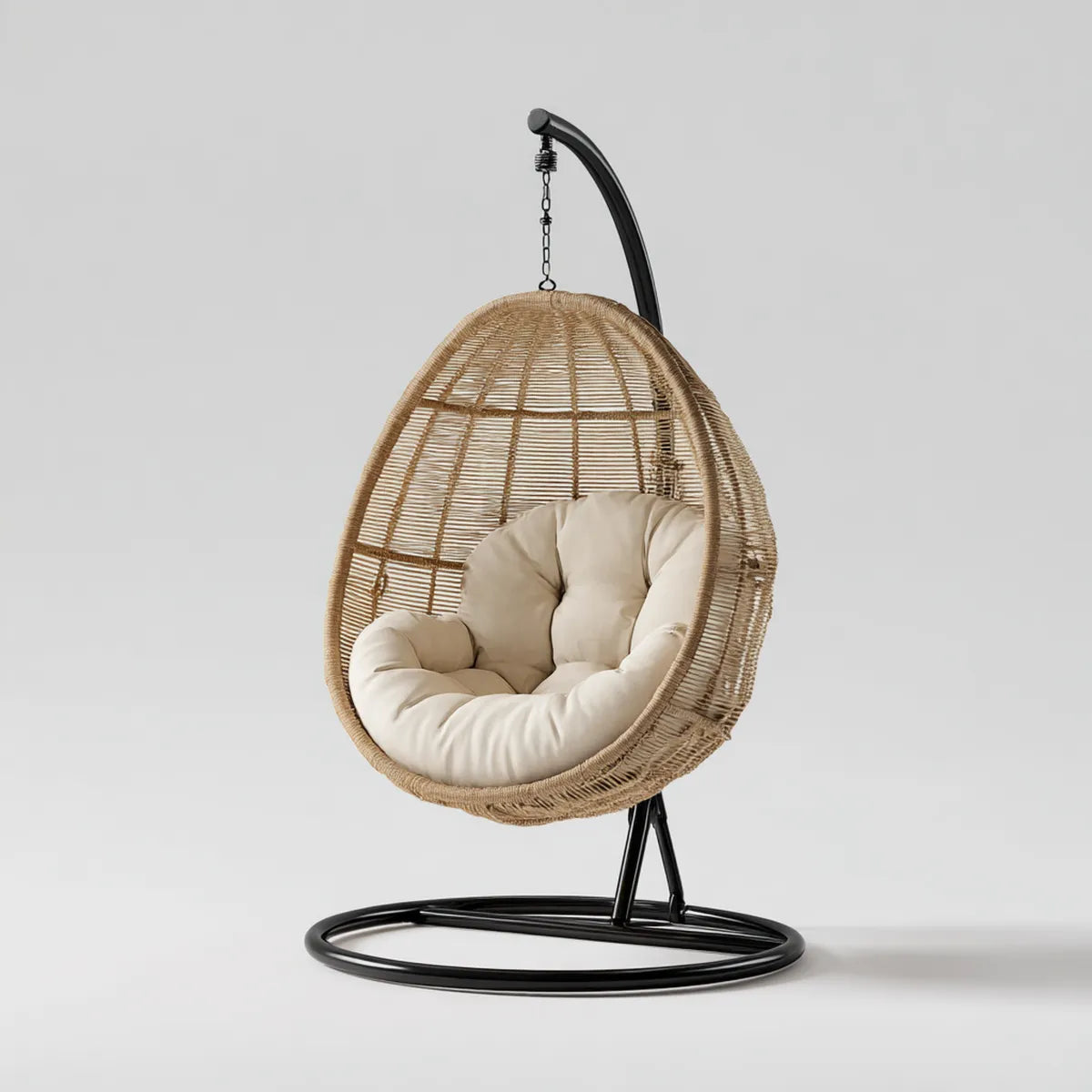 Fauteuil suspendu œuf sur pied beige et noir en rotin PE avec coussin 105 x 105 x 195 cm