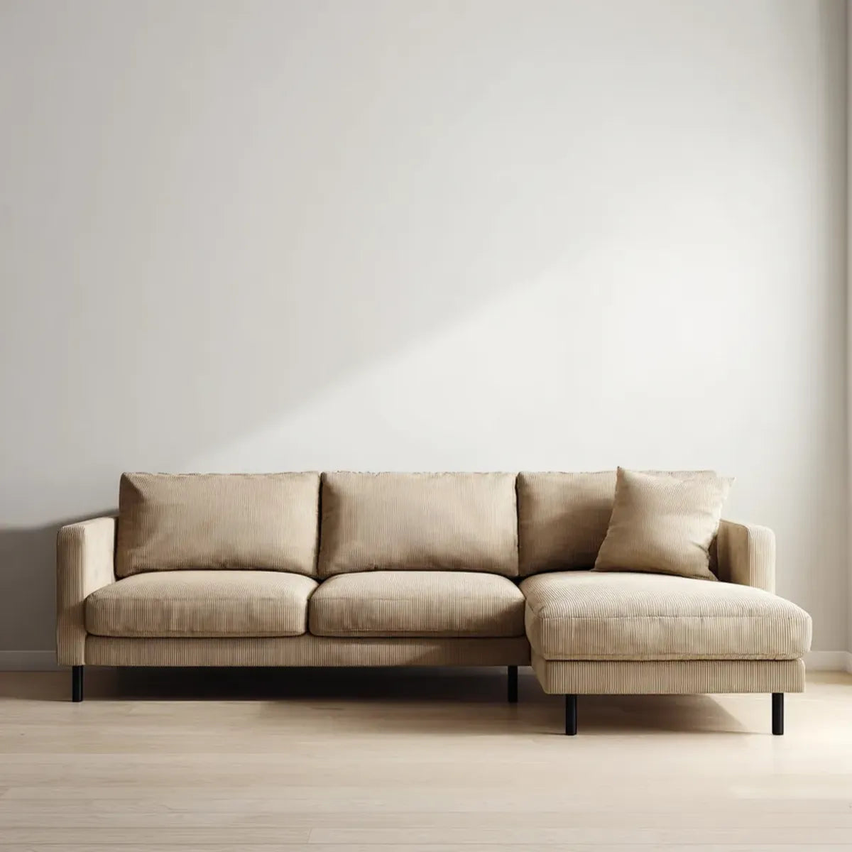 Canapé d’angle 3 places beige en velours côtelé polyester forme L 260 x 160 x 85 cm