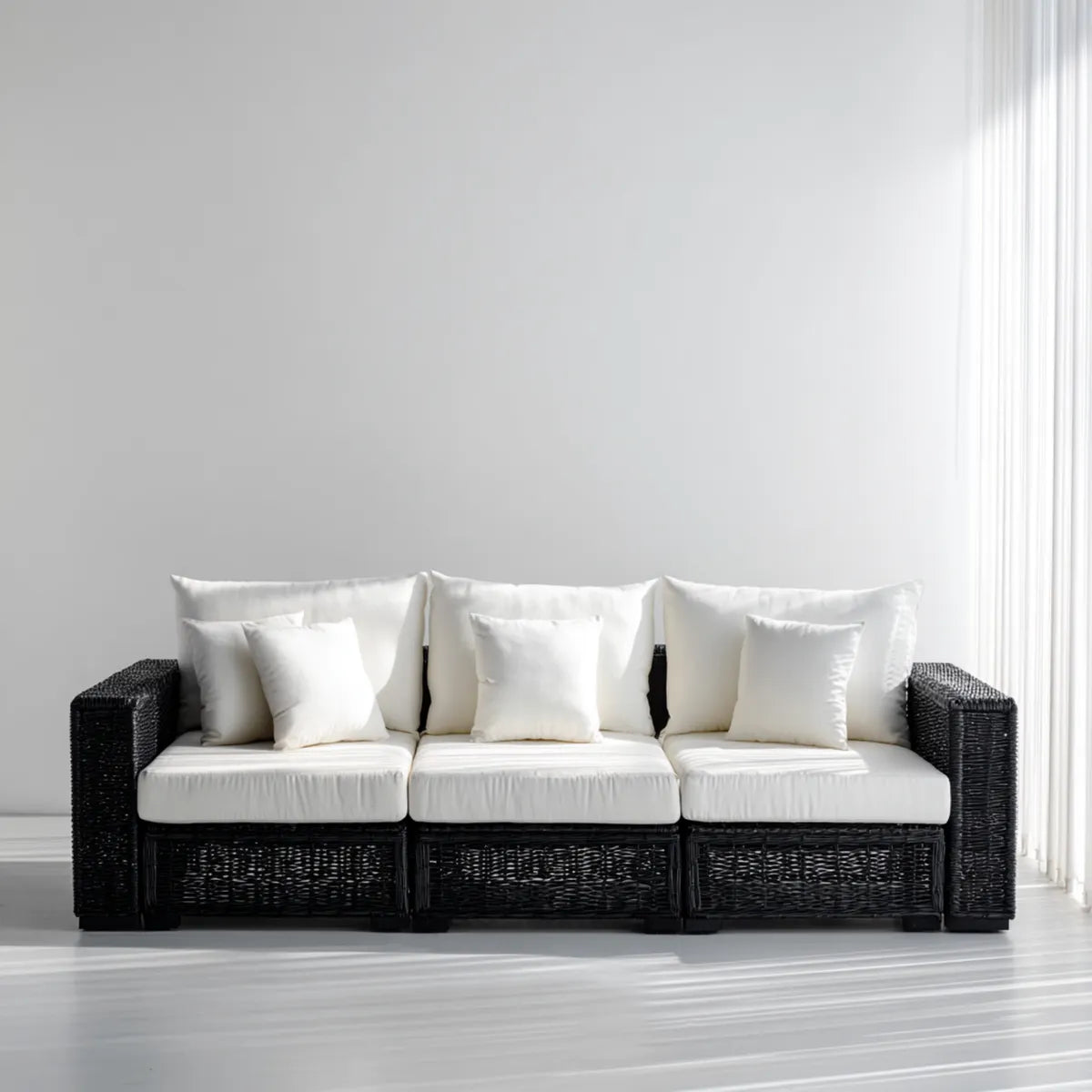 Canapé de jardin droit 3 places noir et blanc cassé en résine tressée 240 x 85 x 78 cm