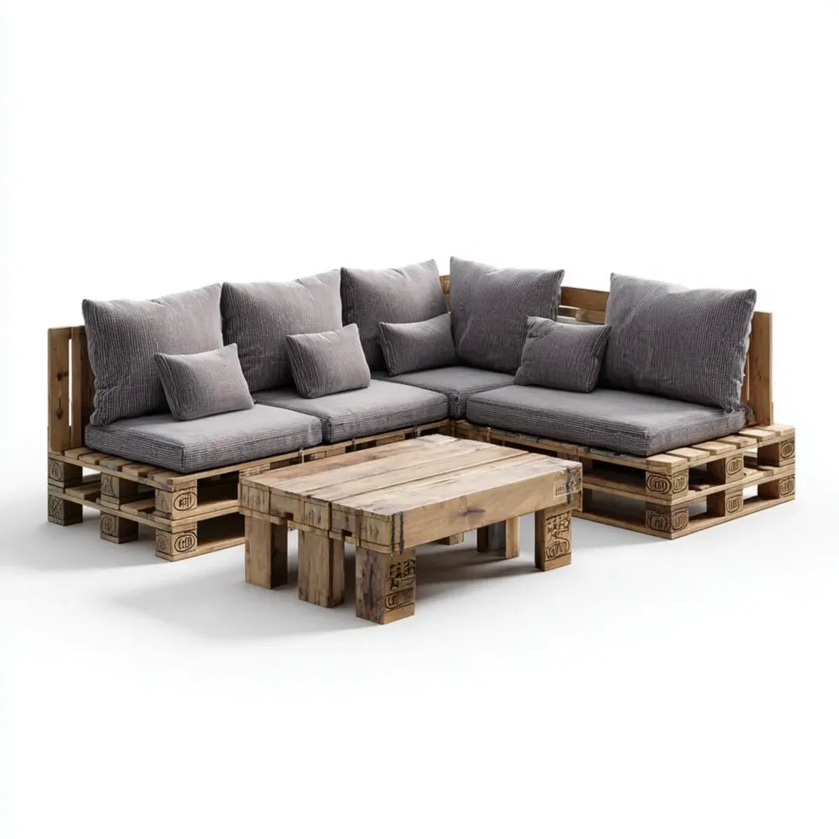 Salon de jardin d’angle en palettes de pin massif gris 240 x 180 cm avec table basse rectangulaire
