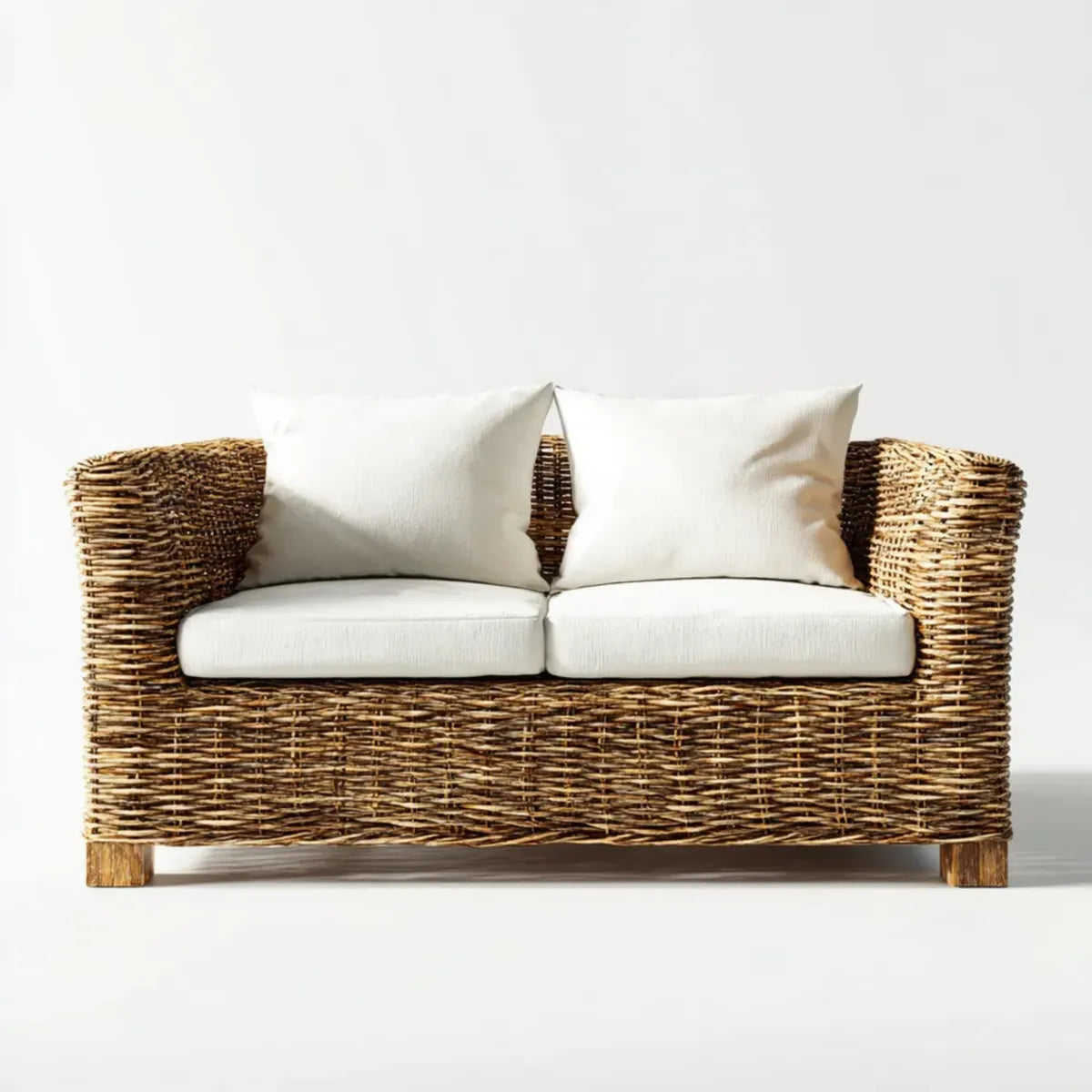 Canapé de jardin 2 places en rotin naturel beige avec coussins 140 x 75 x 78 cm