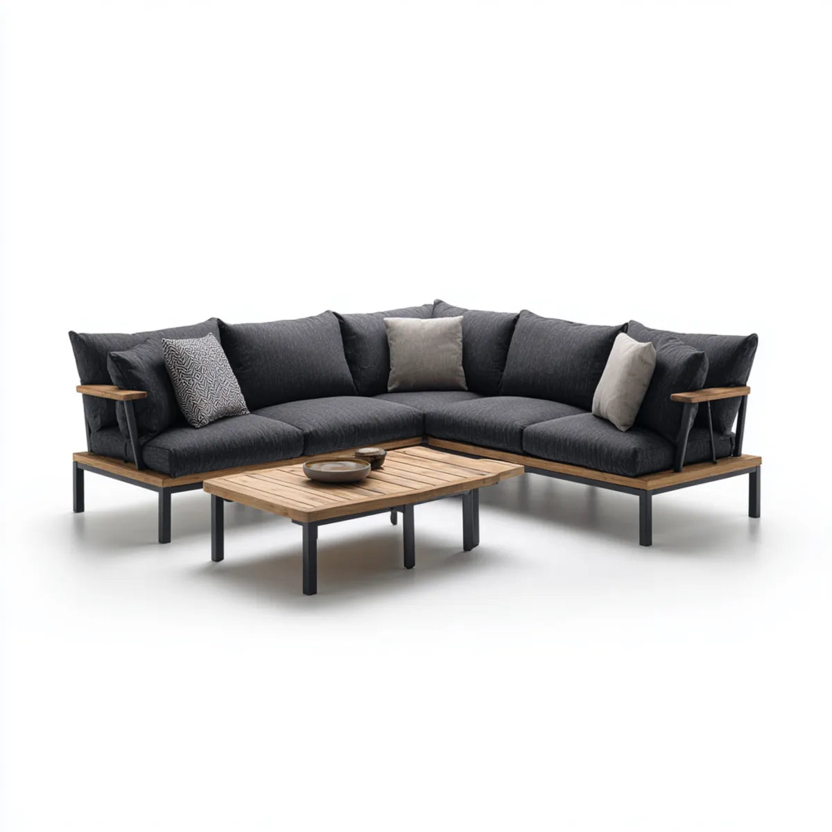 Salon de jardin d'angle 3 pièces anthracite naturel en aluminium et acacia massif forme L 250 x 190 cm