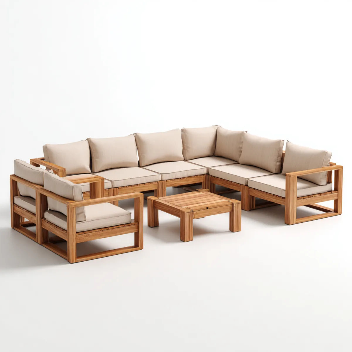 Salon de jardin modulable 7 pièces beige et naturel en acacia massif avec coussins 310 x 230 cm