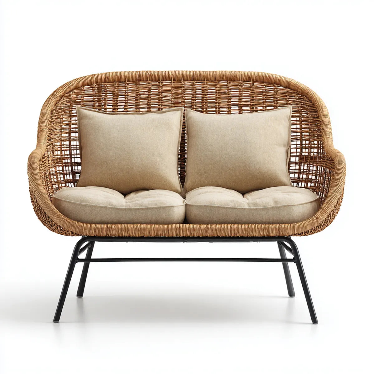 Canapé de jardin 2 places beige et naturel en rotin tressé avec coussins 130 x 70 x 85 cm