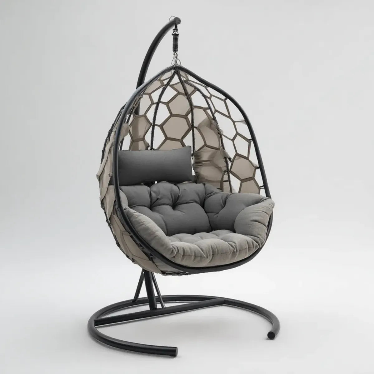 Fauteuil suspendu œuf sur pied noir et gris 105 x 75 x 195 cm en acier et corde PE