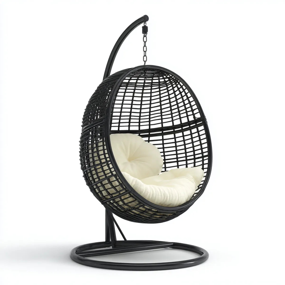 Fauteuil suspendu œuf noir avec coussin crème en rotin synthétique PE 95 x 95 x 195 cm