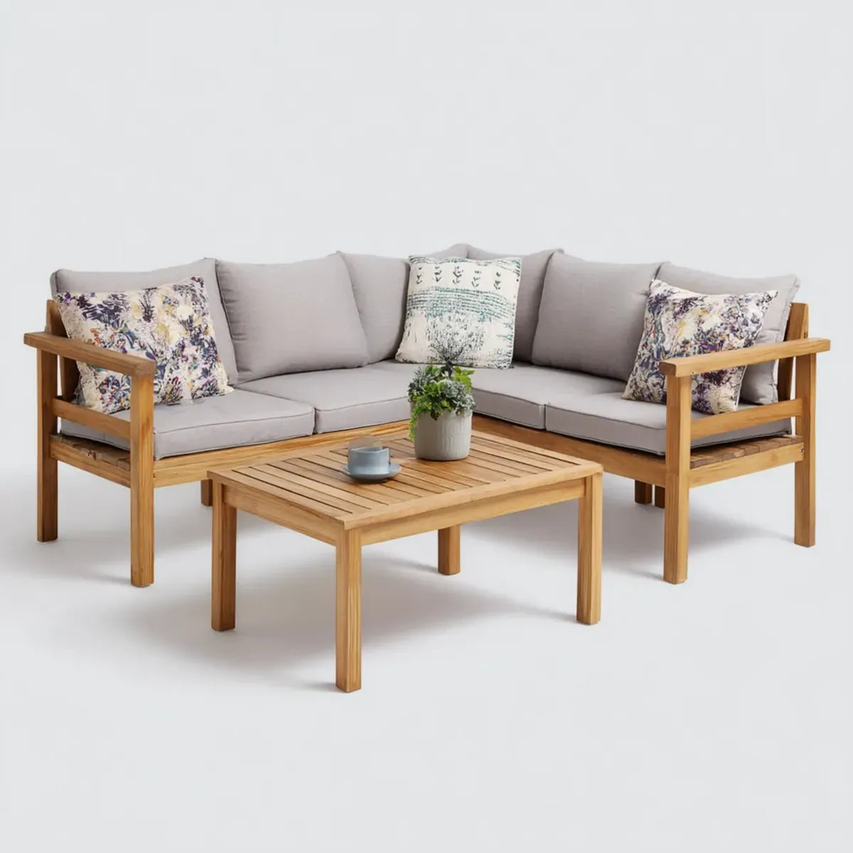 Salon de jardin 3 places avec table basse rectangulaire naturel gris clair en bois massif d'acacia canapé 200 x 75 x 70 cm table 100 x 60 x 40 cm