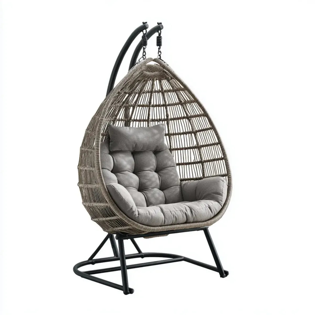 Fauteuil suspendu œuf avec support gris 105 x 105 x 195 cm en rotin PE et acier